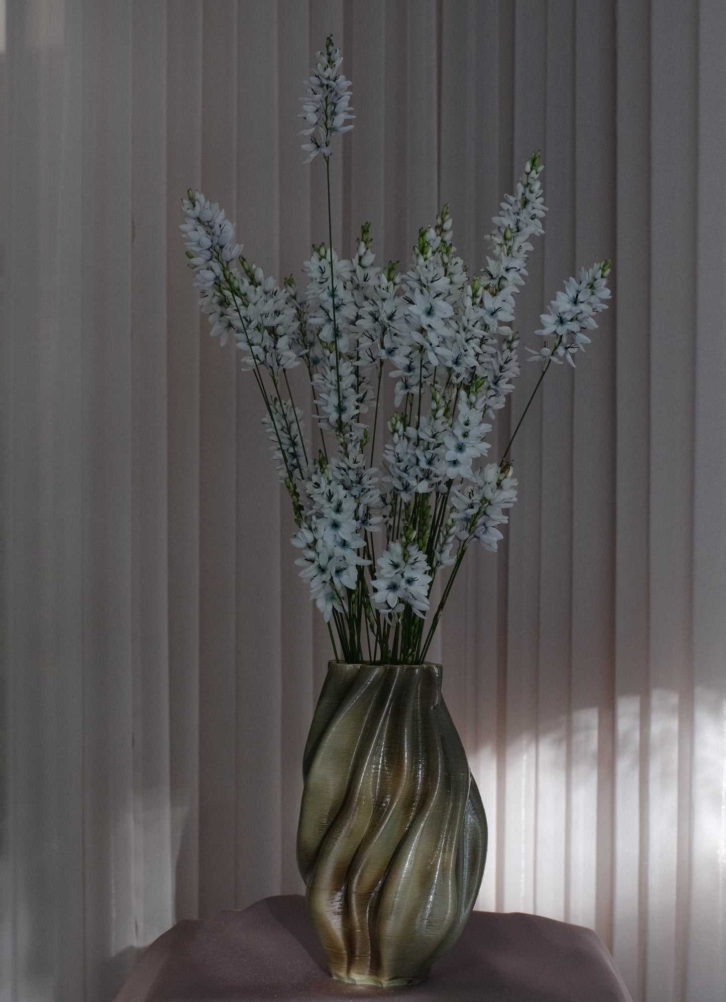 Hand-finished Spiral Vase in Pistachio — Organic Vertical Twists Ceramic Vase for Interior Styling. 3D-printed fine porcelain.