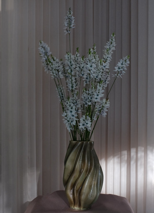 Hand-finished Spiral Vase in Pistachio β Organic Vertical Twists Ceramic Vase for Interior Styling. 3D-printed fine porcelain.