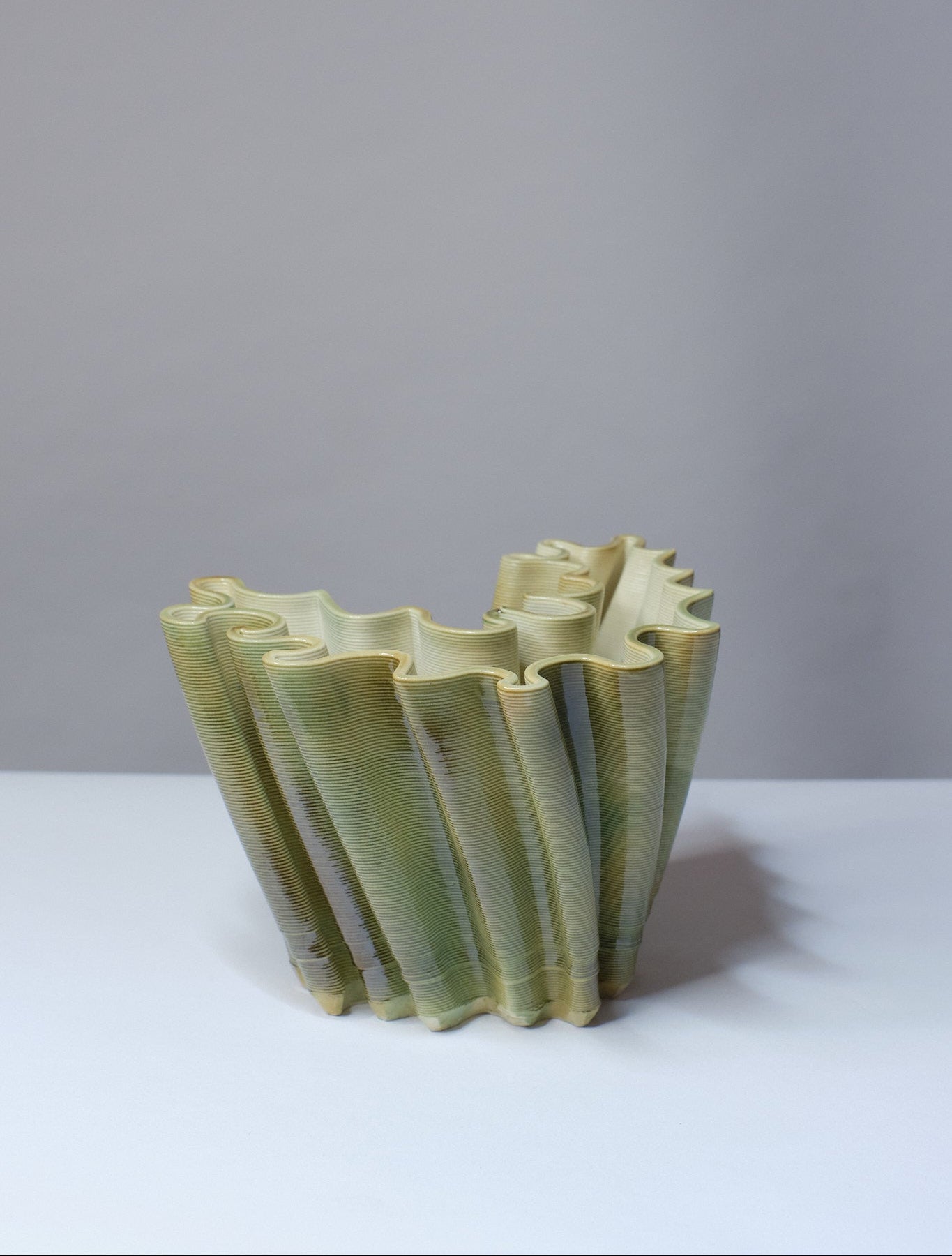 Hand-finished Magnolia Vase Small in Pistachio β Elegant Organic Curves Porcelain Vessel for Designer Home Decor. 3D-printed fine porcelain.