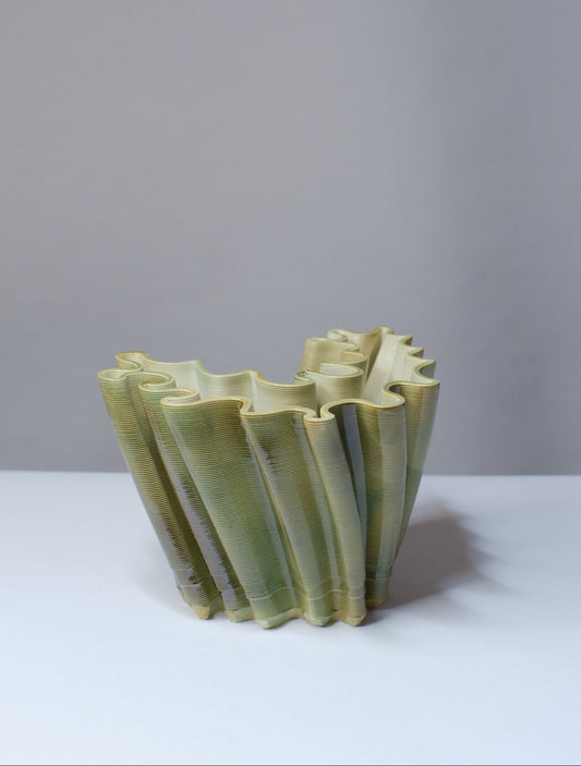 Hand-finished Magnolia Vase Small in Pistachio β Elegant Organic Curves Porcelain Vessel for Designer Home Decor. 3D-printed fine porcelain.