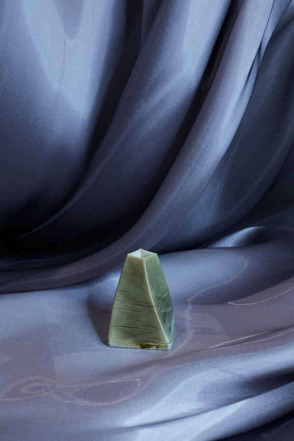 Hand-finished Geo Pyramid Bud Vase Petite Green Haze (Sample) in Natural — Organic Vertical Twists Porcelain Vessel for High-end Interiors. 3D-printed fine porcelain.